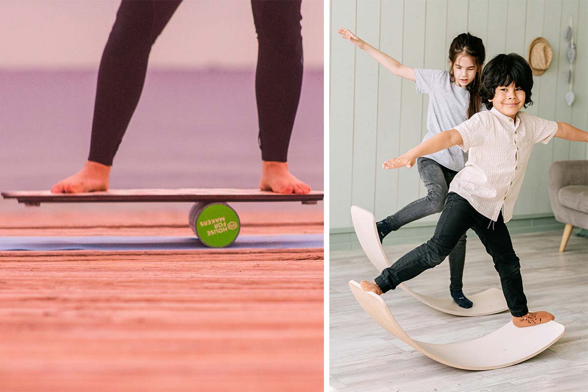zweigeteiltes Bild, links Balance Board nah mit Füße, rechts totales Bild mit zwei Kindern, die jeweils auf einem Board stehen