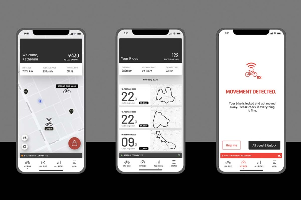 Drei Smartphone-Displays nebeneinander, die Inhalte der Connect App von Riese und Müller zeigen