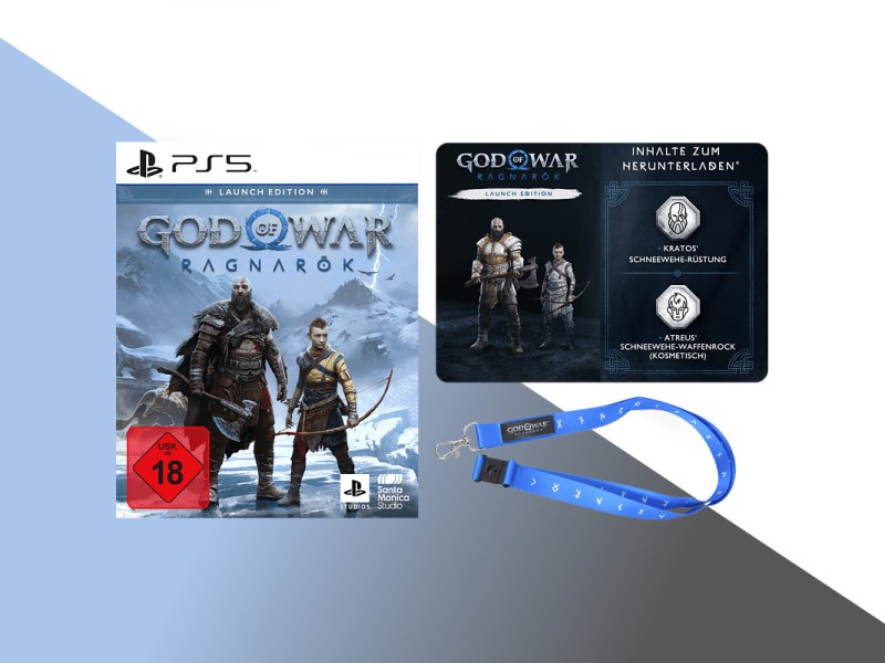 God of War: Ragnarök Spiel PS5 neben Screenshot Charaktererstellung und blaues Schlüsselband dadrunter auf hellblau grauem Hintergrund