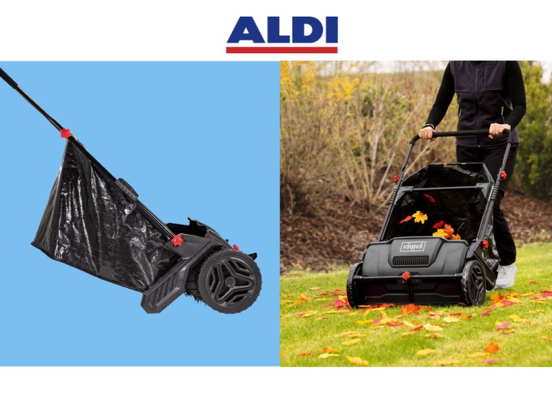 Schwarzer Laubsammler von der Seite vor blauem Hintergrund, daneben Bild von kopfloser Person, die Lausammler im Garten schiebt, ALDI Logo oben mittig