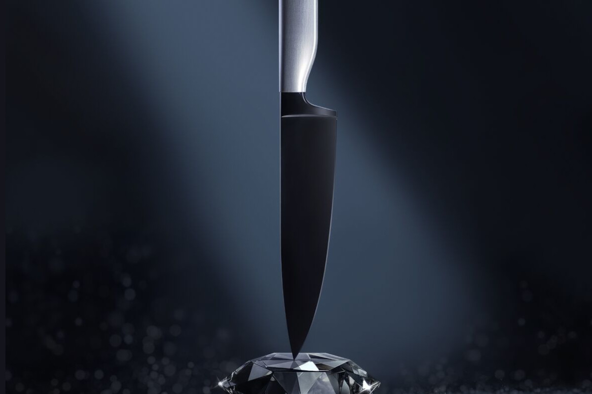 Messer mit Schwarzer Klinge trifft auf Diamanten vor dunklem Hintergrund