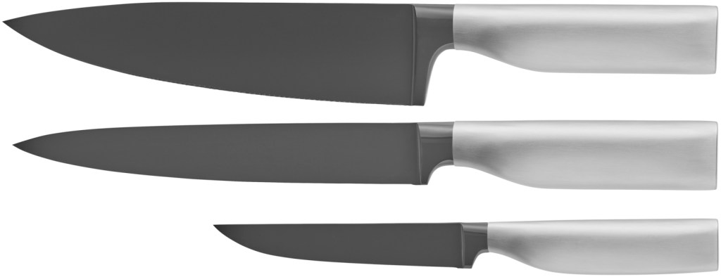Drei verschiedene Messer mit schwarzer Klinge untereinander vor weißem Hintergrund