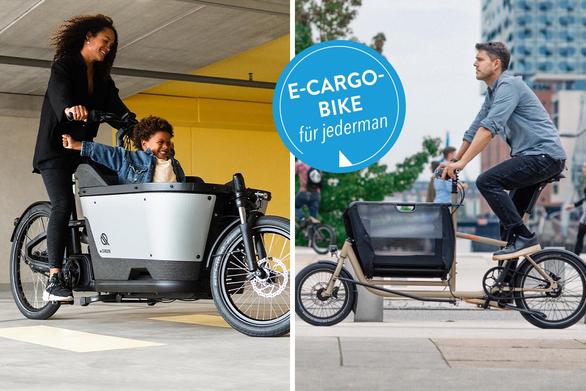 zweigeteiltes Bild: links ein E-Cargobike von Carson, rechts eins von Muli