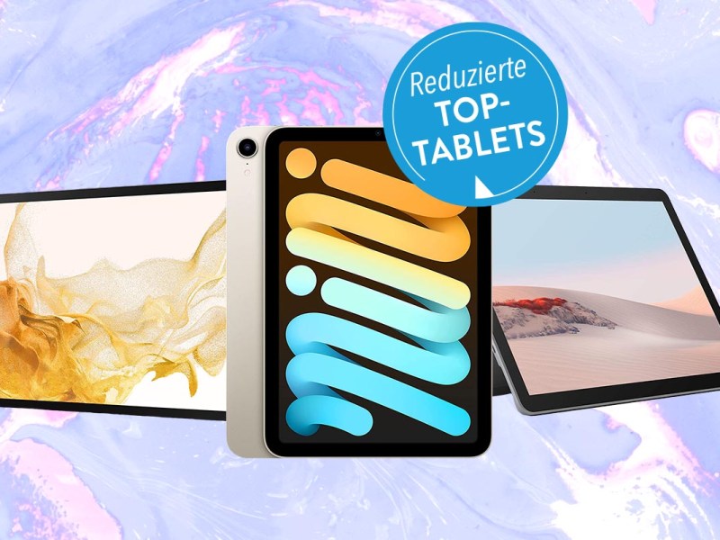 Samsung Galaxy Tab S8+, Microsoft Surface Go 2 und das Apple iPad Mini 2021 vor einem blau-lila Hintergrund