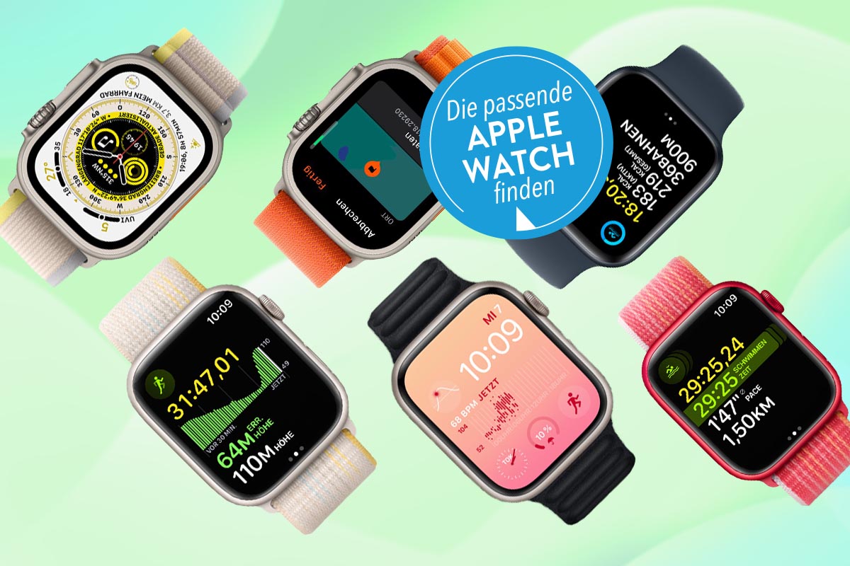 Verschiedene Modelle von Apple Watch vor grünem Hintergrund