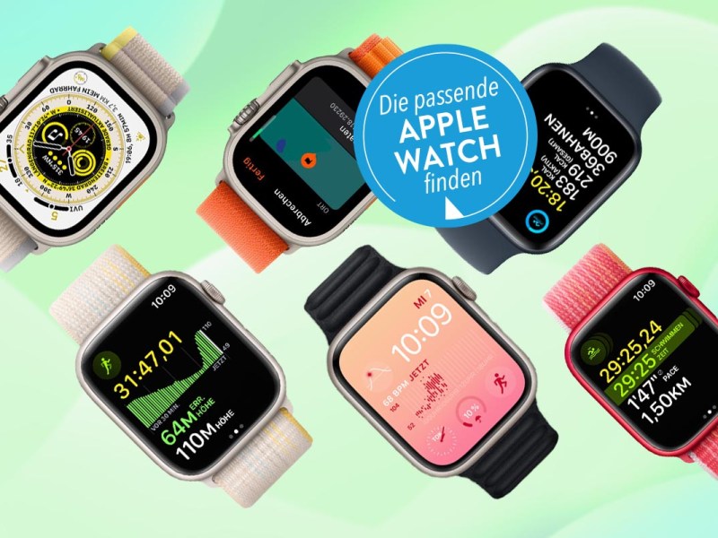 Verschiedene Modelle von Apple Watch vor grünem Hintergrund