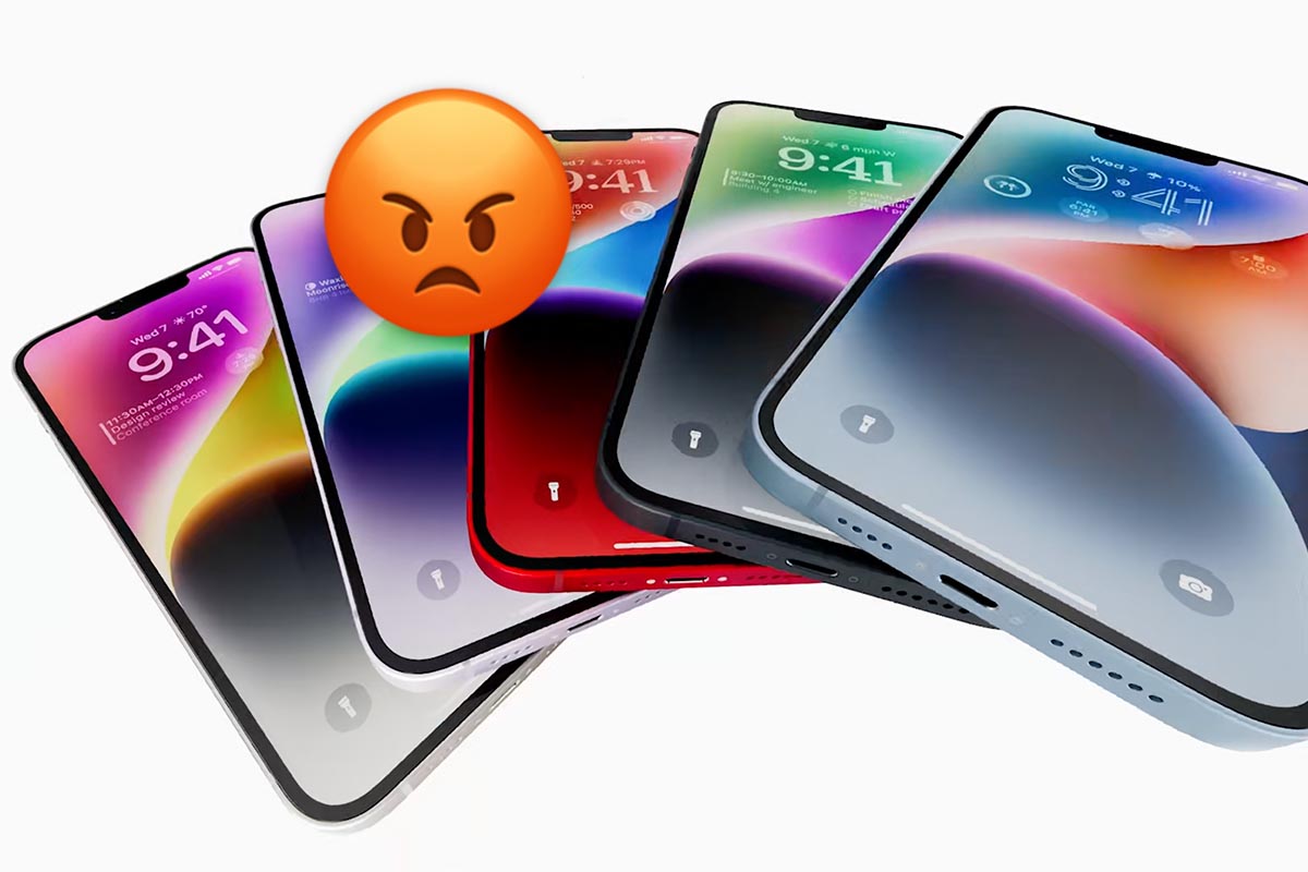 Verschiedenfarbige iPhone 14 hinter einem wütenden Emoji