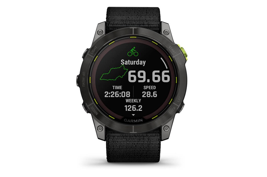 Garmin Enduro2 frontal Ziffernblatt mit unterschiedlichen Tracking-Daten