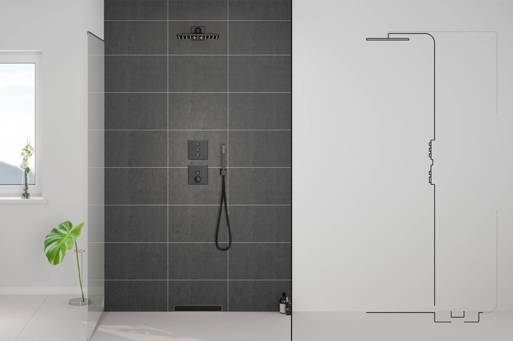 Die Recycling-Dusche von Grohe in real und als Schema-Zeichnung.