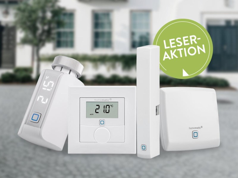 Homematic IP Produkte vor einem Haushintergrund