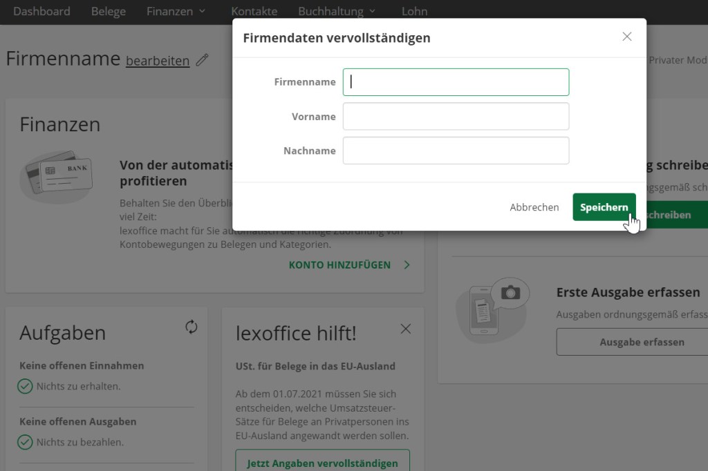 Lexoffice Firmenangaben eintragen