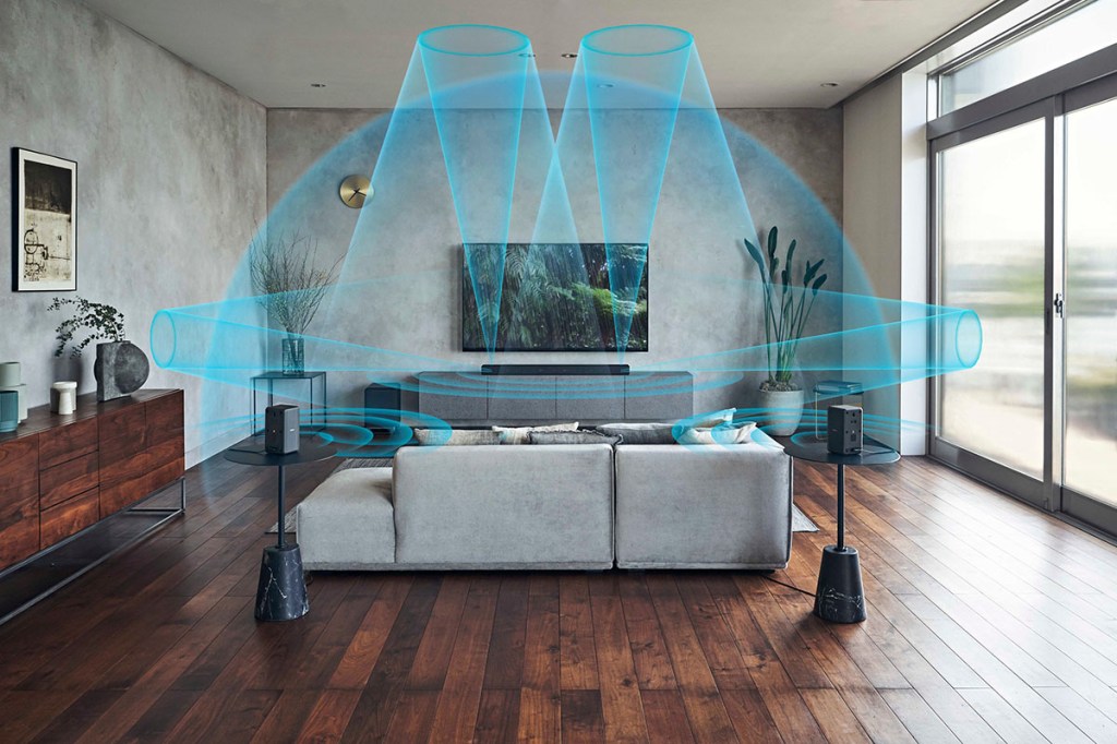 Soundbars und TV im Wohnzimmer, auf dem Bild wird anhand von Grafiken gezeigt, in welche Richtungen sich der Klang aus den Lautsprechern im Raum ausbreitet
