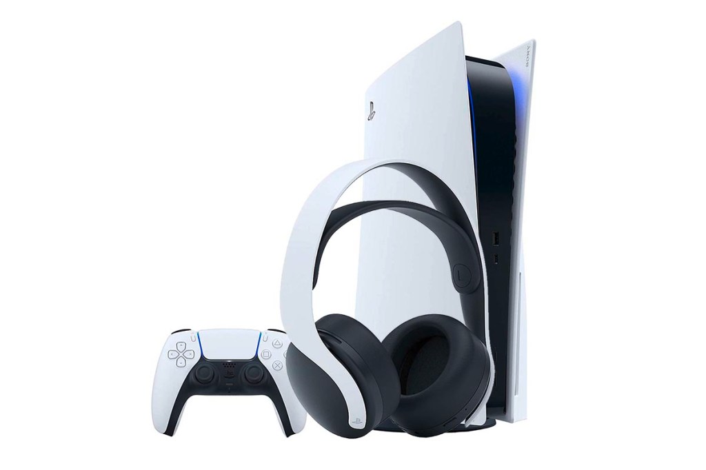 Die PS5 mit dem dazugehörigen Kontroller und dem dazu passenden Headset, das Sony Pulse 3D Wireless Headset