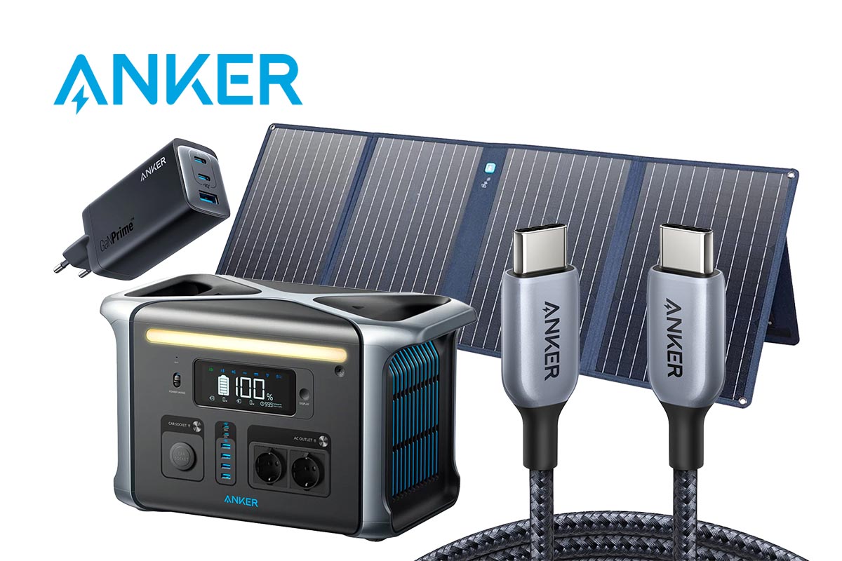 Ein Anker Charging Super-Bundle vor weißem Hintergrund, bestehend aus einem 120 Watt GaNPrime Charger, einem 140 Watt USB-Kabel, einem 757 Power House und einem Anker 625 Solarpanel