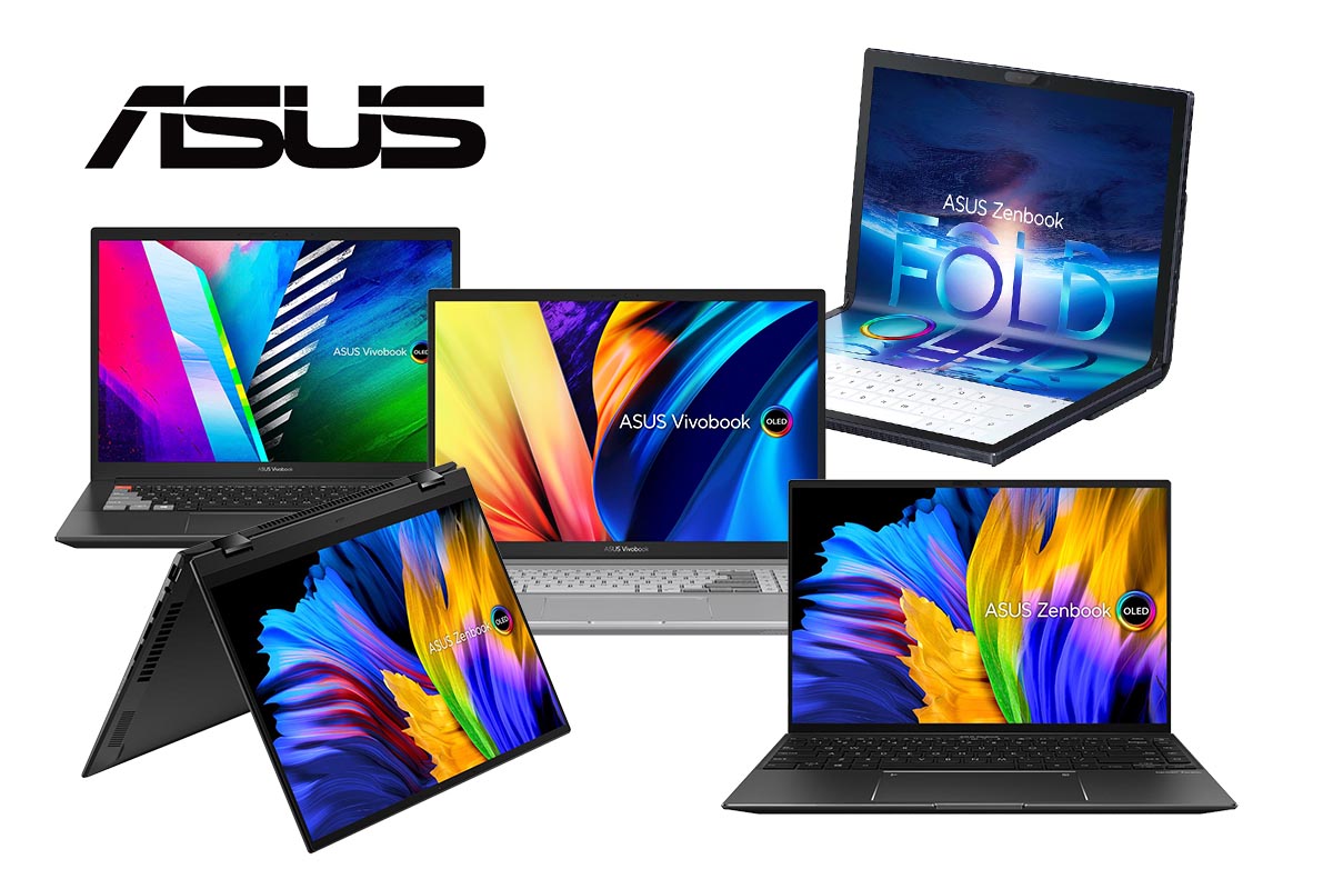 Verschiedene Asus Notebooks und Convertibles vor weißem Hintergrund.