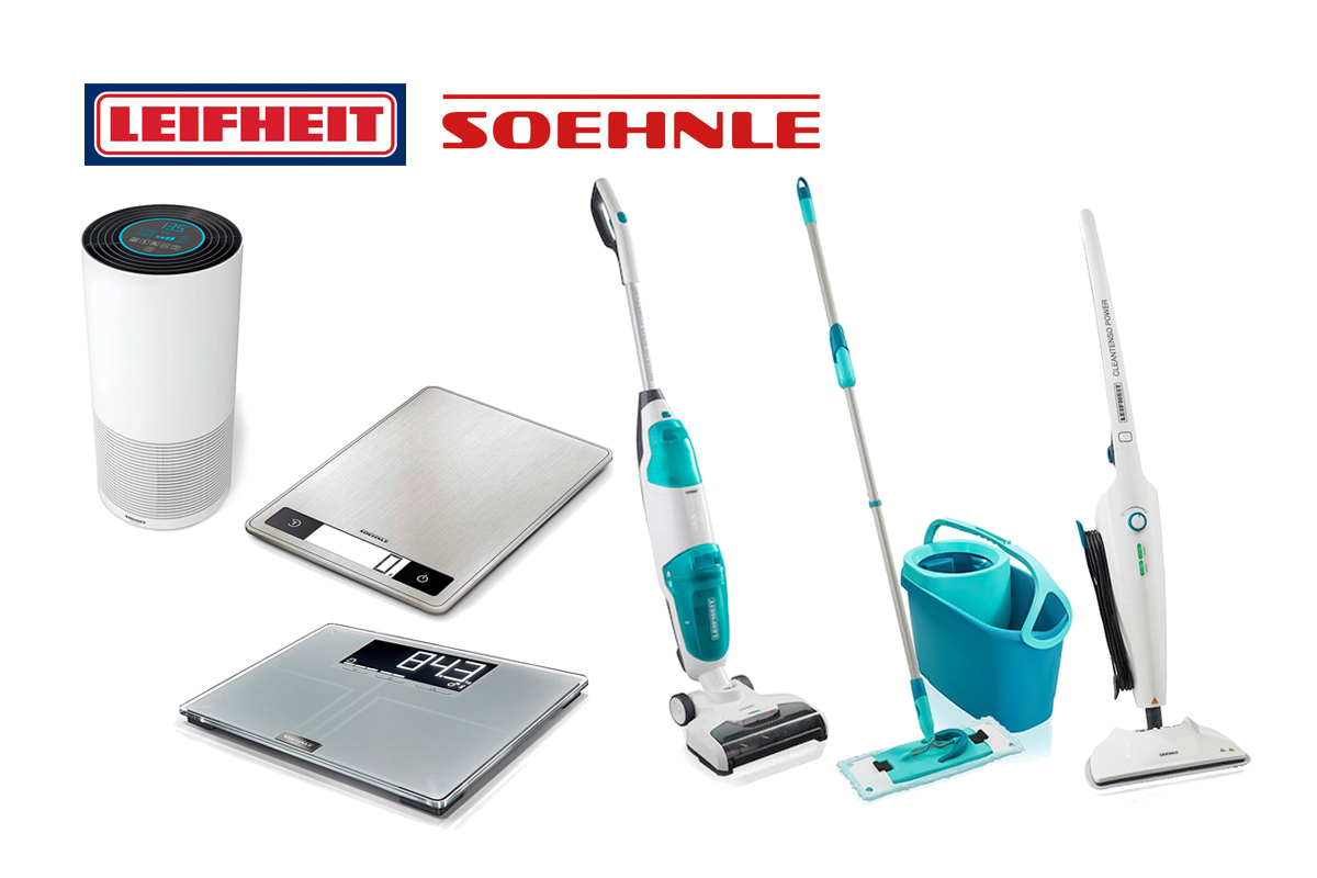 Verschiedene Leifheit und Soehnle-Produkte vor weißem Hintergrund: Clean Twist M Ergo, Akku Saugwischer Regulus Aqua Power-Vac, Körperanalysewaage Shape Sense Connect 200, Küchenwaage Page Profi 200, Luftreiniger Airfresh Clean Connect 500, Dampfreiniger CleanTenso Power.