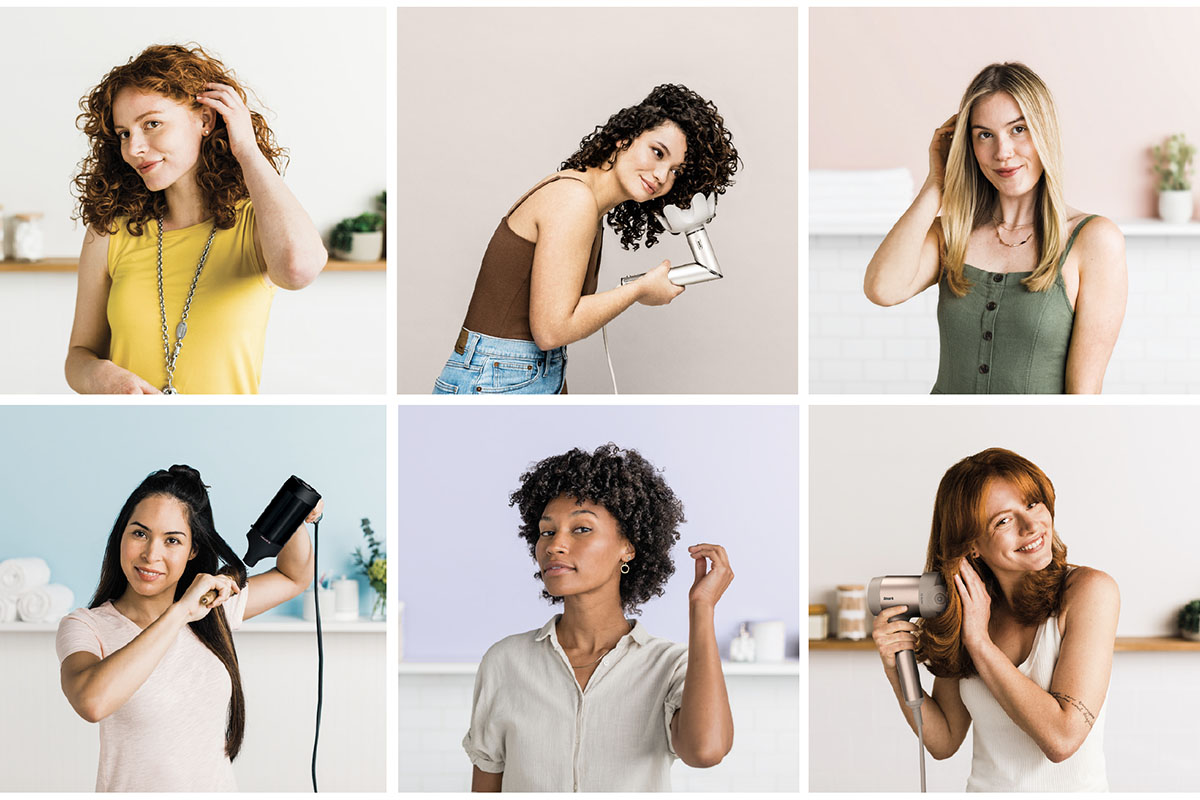 Eine Collage von sechs Frauen, die sich ihre Haare stylen.