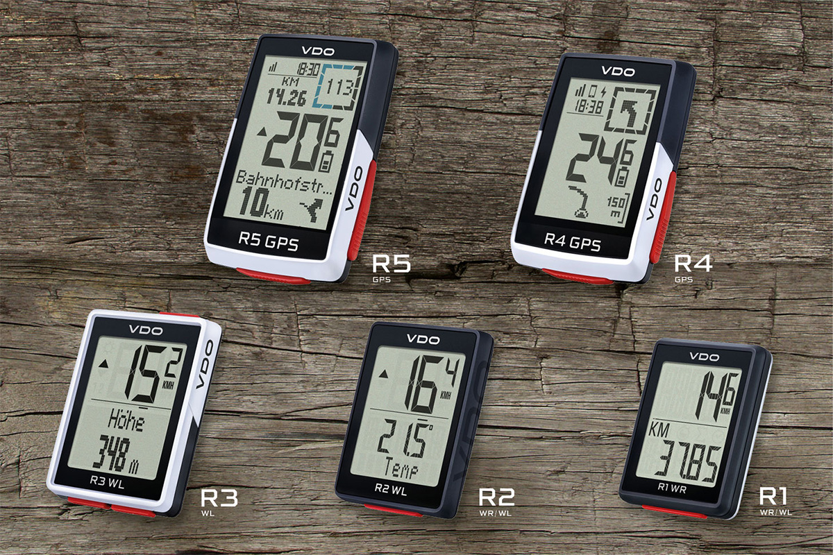 Fünf Fahrradcomputer von VDO, Modelle R1 bis R5