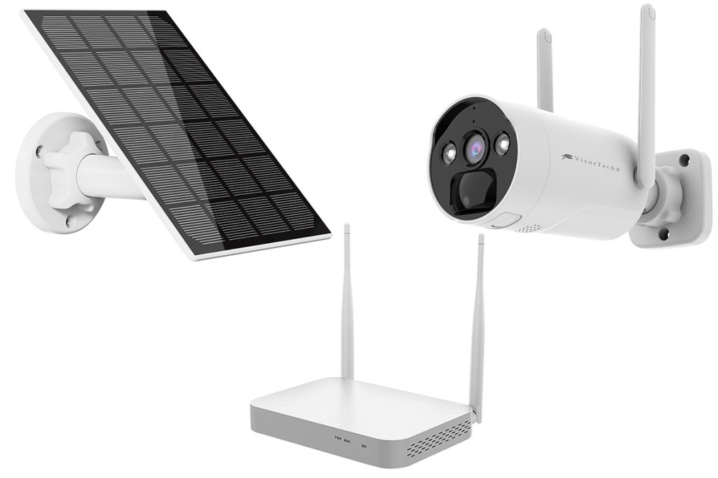 Die Überwachungskamera, das Solarpanel und der Rekorder von VisorTech.