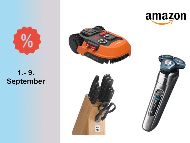Orangener Mähroboter über Messerblock, daneben Elektrischer Rasierer auf weißem Hintergrund mit Amazon Logo rechts oben und rotem Prozentzeichen links auf blauem Verlauf