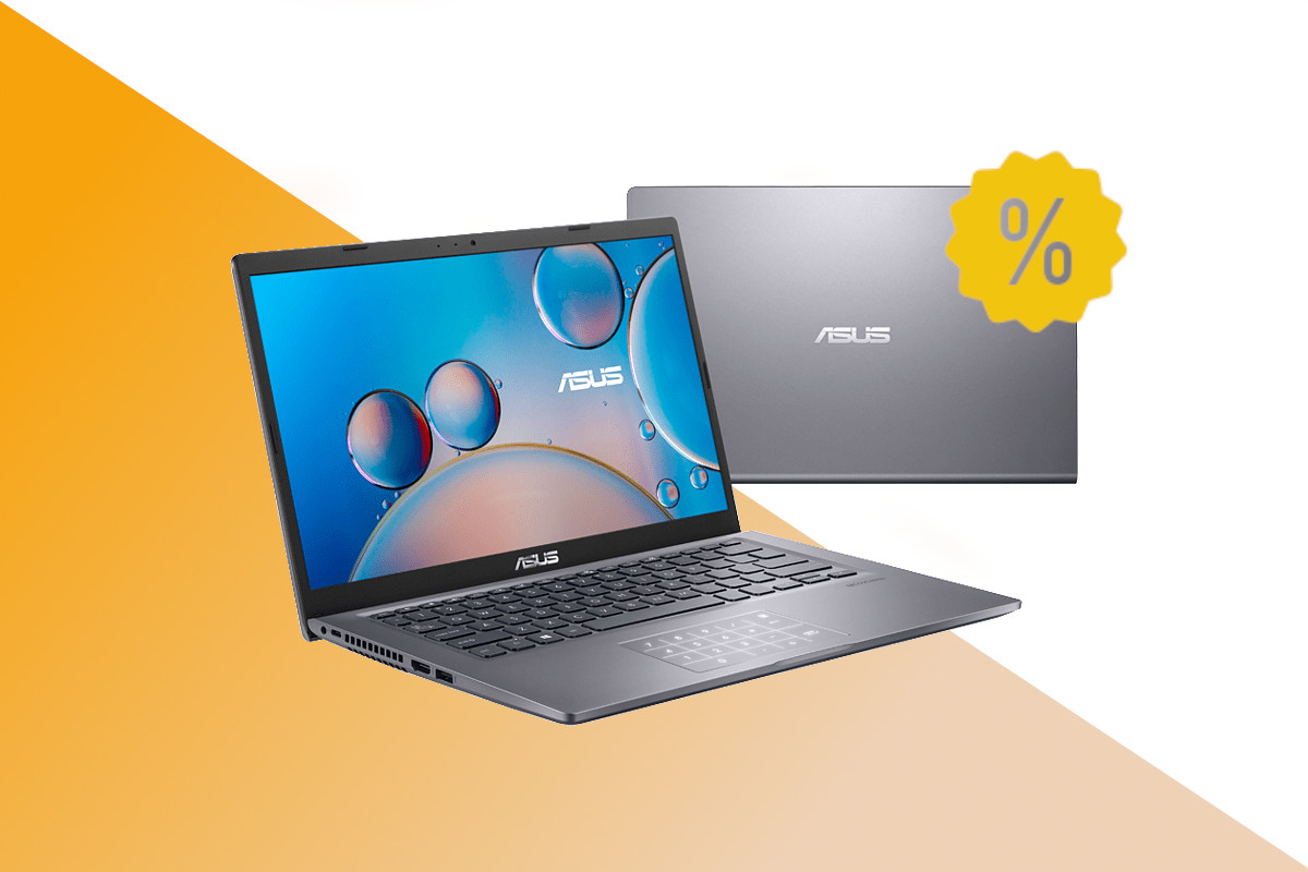 Silbernes aufgeklapptes Asus Vivobook 14 schräg von vorne, im Hintergrund zugeklappt von oben mit gelben Prozentzeichen auf weißem Grund mit orangenem Farbverlauf unten