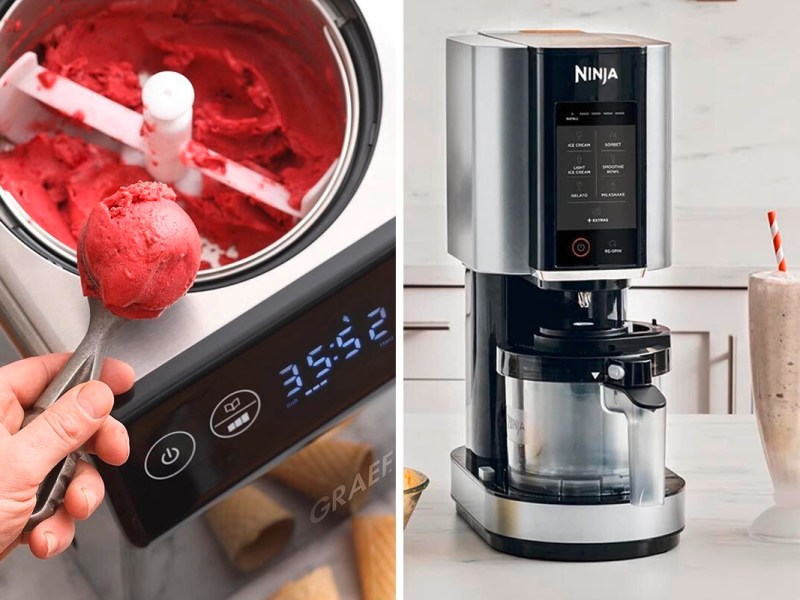 Zweigeteiltes Bild, links Blick in eine Eismaschine, rechts Productshot Einmaschine
