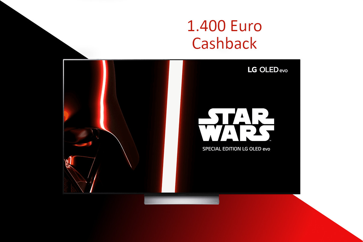 LG OLED C2 TV mit Star Wars Motiv von vorne auf weißem Hintergrund mit schwarz rotem Verlauf unten und in roter Schrift darüber "1.400 Euro Cashback"
