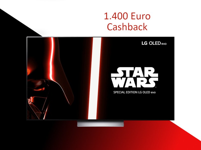 LG OLED C2 TV mit Star Wars Motiv von vorne auf weißem Hintergrund mit schwarz rotem Verlauf unten und in roter Schrift darüber "1.400 Euro Cashback"