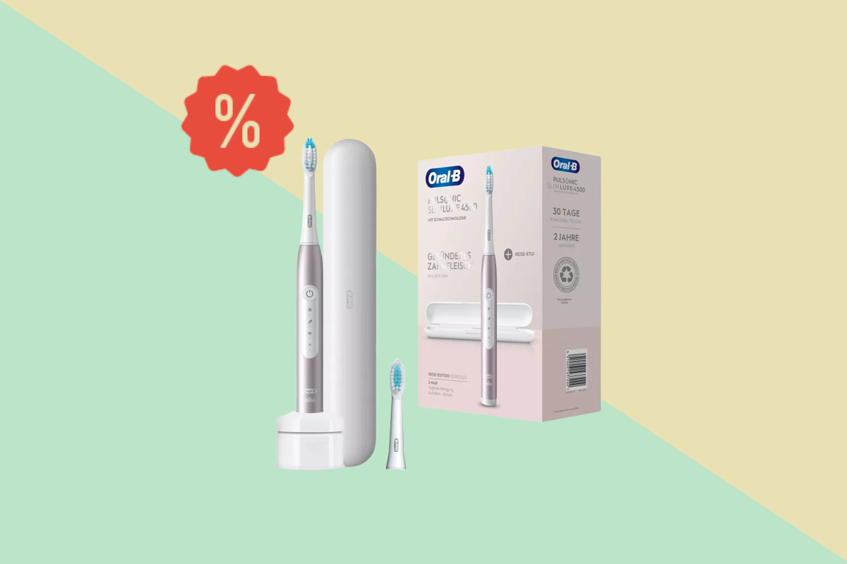 Oral-B Pulsonic Slim luxe 4500 in Rosé mit Reiseetui und Karton auf Pastell grün und gelben Hintergrund mit rotem Prozentzeichen links