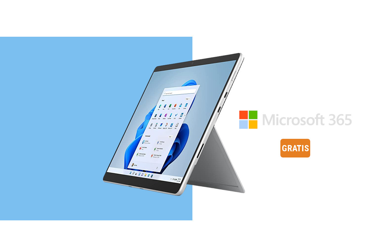 Aufgestelltes Surface Pro 8 mit Windows 11 Start auf weißem Hintergrund mit hellblauem Kasten links und Microsoft 365 Schriftzug rechts mit orangenem Gratis-Button