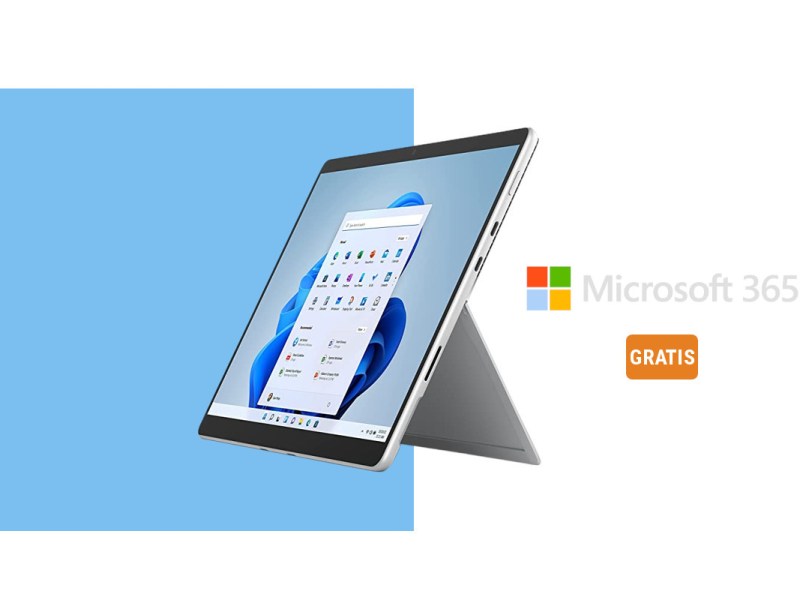 Aufgestelltes Surface Pro 8 mit Windows 11 Start auf weißem Hintergrund mit hellblauem Kasten links und Microsoft 365 Schriftzug rechts mit orangenem Gratis-Button