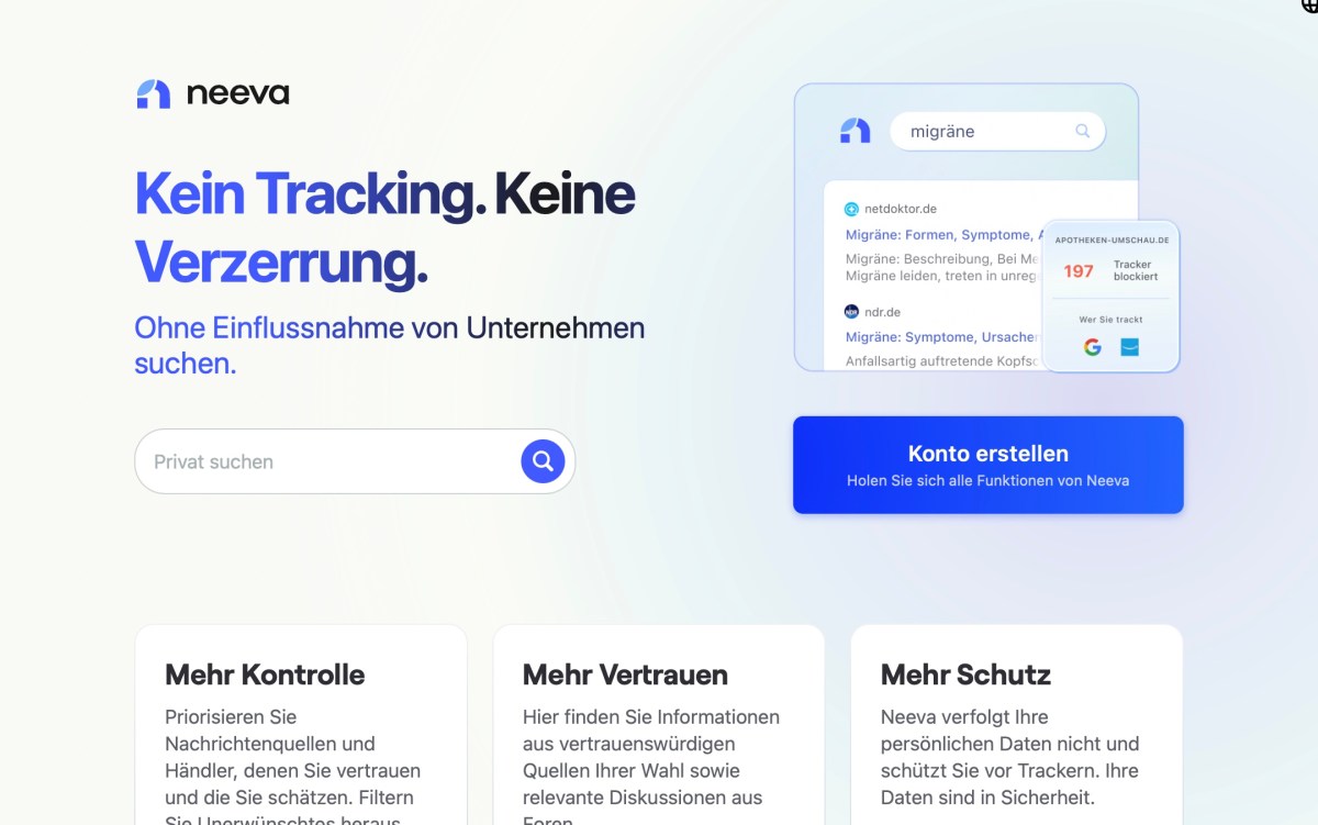 Screenshot der Neeva Startseite mit Suchoption und Button zum Konto eröffnen