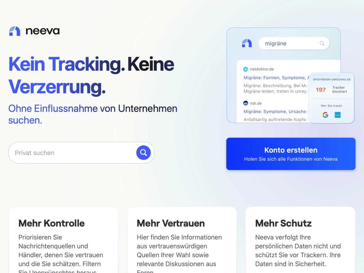 Screenshot der Neeva Startseite mit Suchoption und Button zum Konto eröffnen