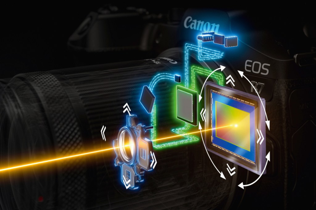 Grafik eines Kamerobjektivs inSchwarz mit Neonfarben