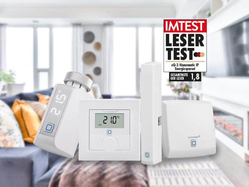 eQ-3 Homematic IP Energiesparset Produkte vor unscharfem Hintergrund