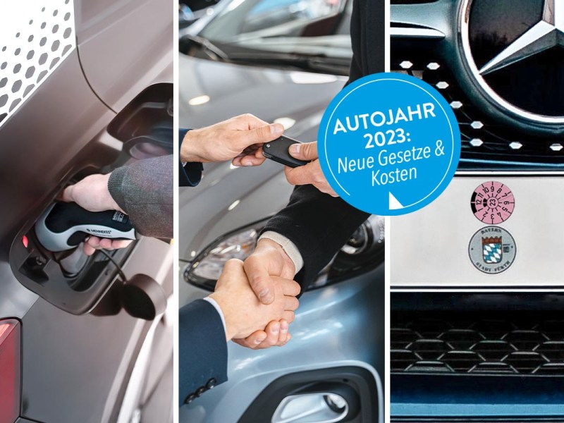 Ein dreigeteiltes Bild zum Thema Neuerungen im Autojahr 2023.