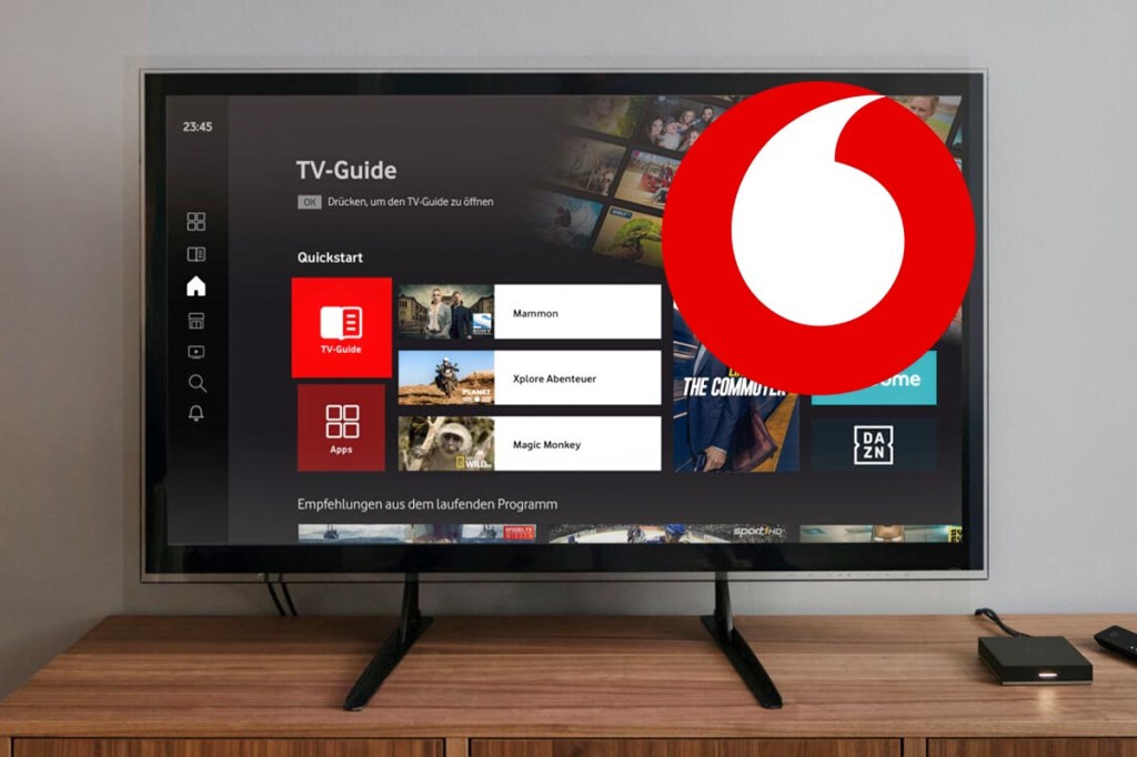 Fernseher auf einem Tisch mit dem Vodafone Logo