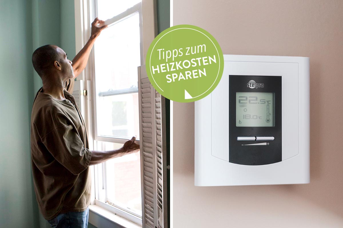 Ein zweigeteiltes Bild auf dem ein Fannd an einem Fenster steht und ein Thermostat abgebildet ist