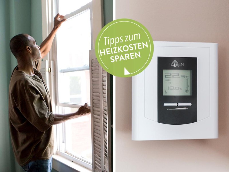 Ein zweigeteiltes Bild auf dem ein Fannd an einem Fenster steht und ein Thermostat abgebildet ist