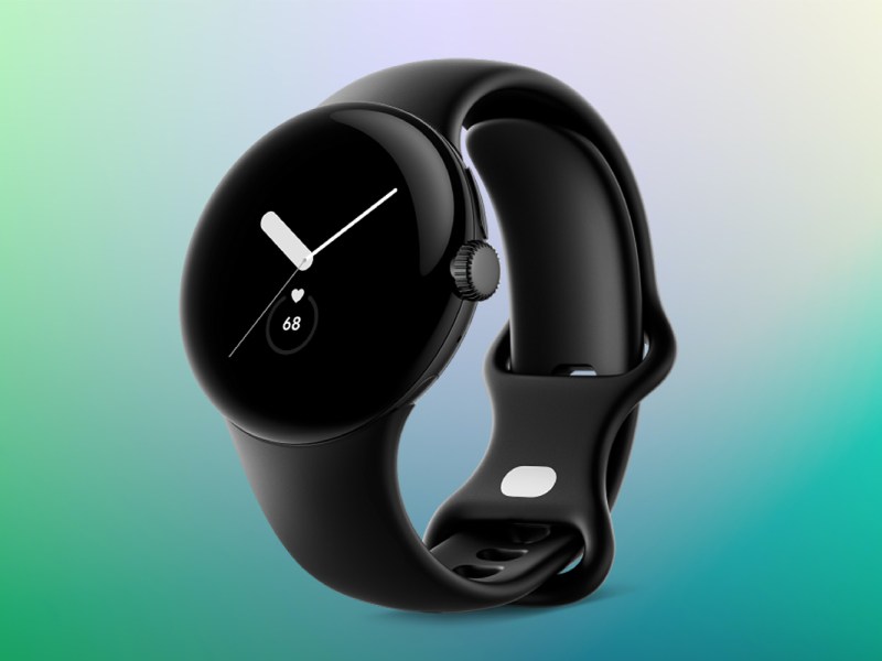 Die neue Google Pixel Watch vor buntem Hintergrund