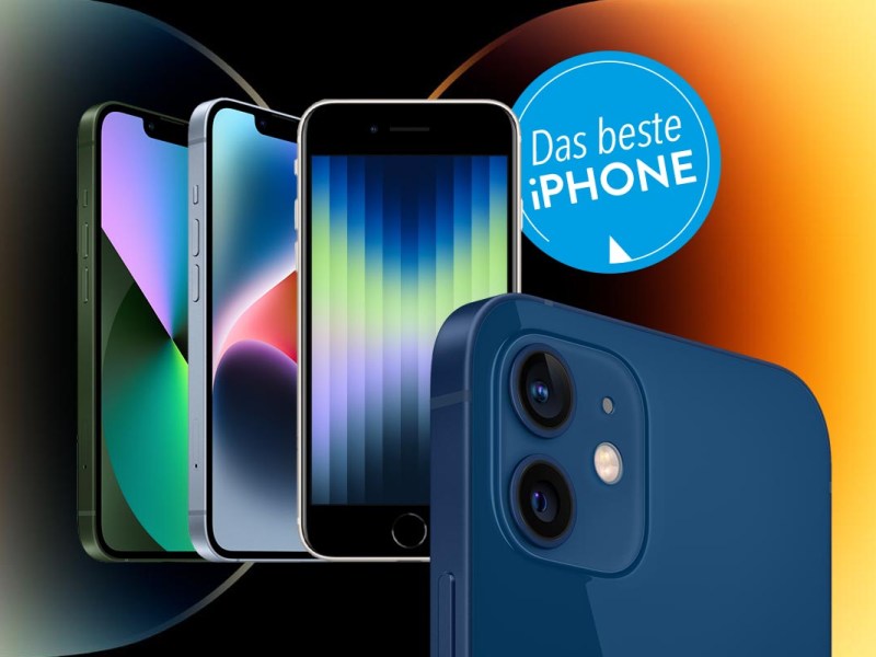 The Apple iPhone 12, 13, 14 and SE on a colorful background