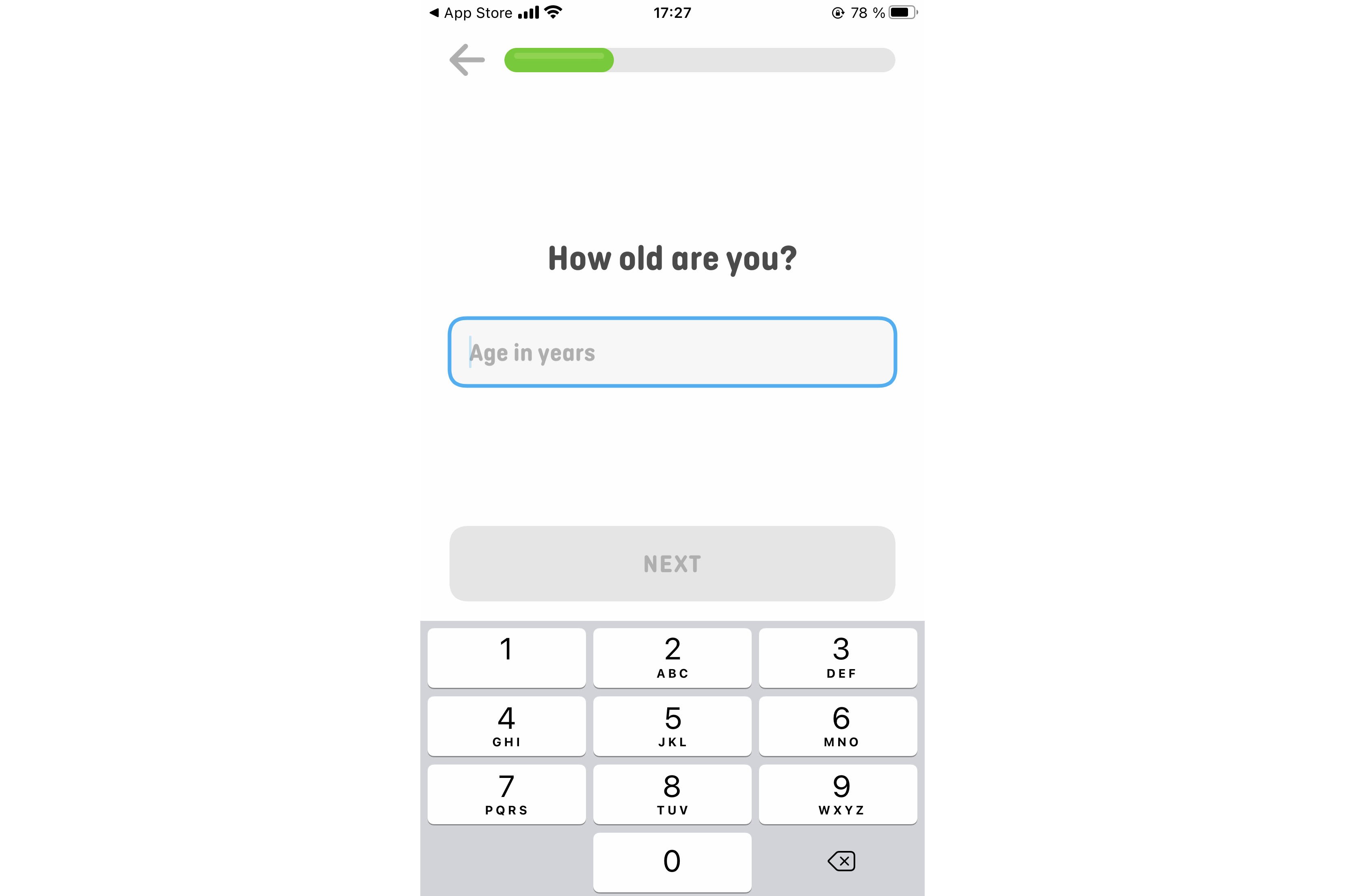 Screenshot der App Duolingo bei der Abfrage des Alters.