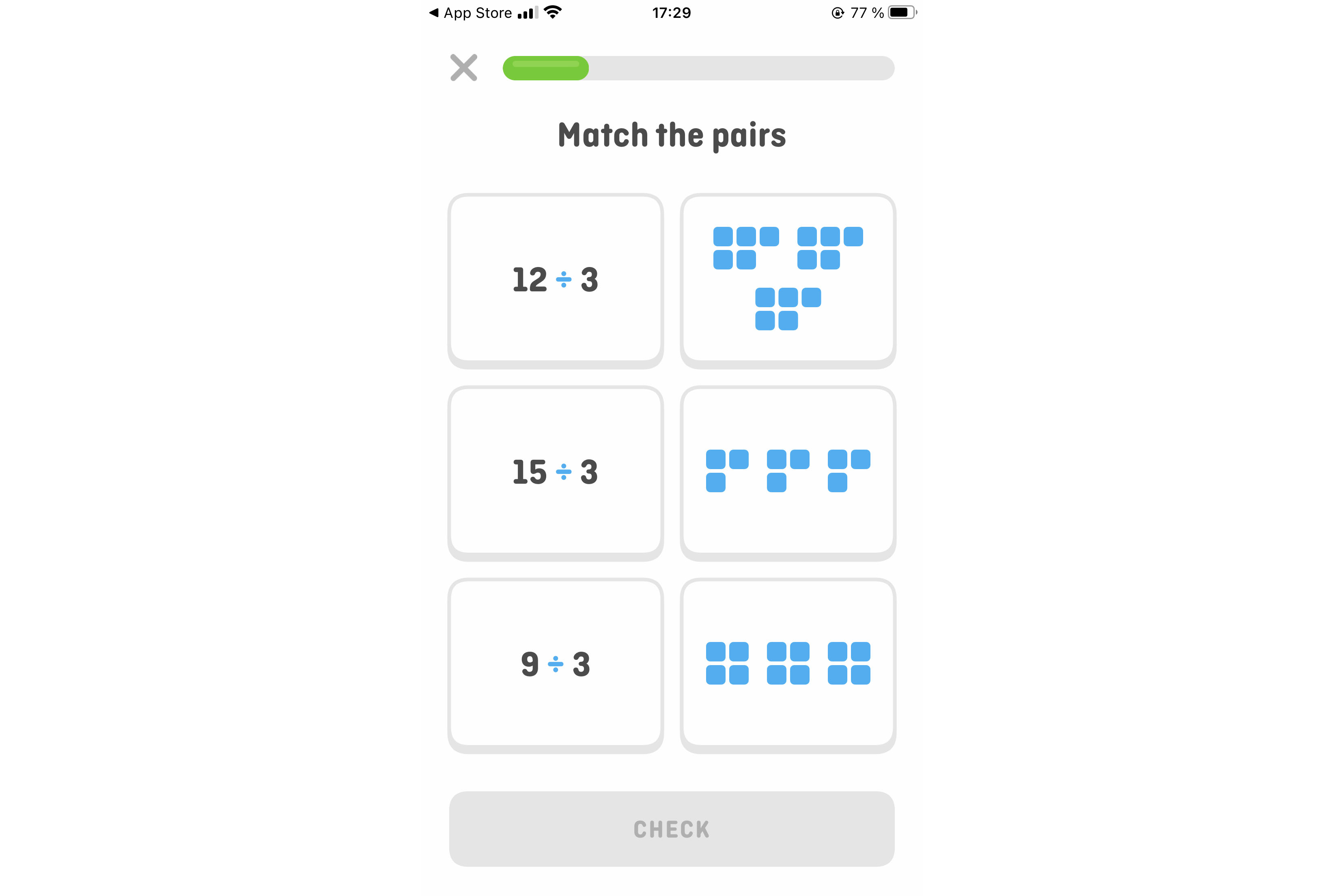 Screenshot von der App Duolingo Math mit einer Beispielaufgabe.