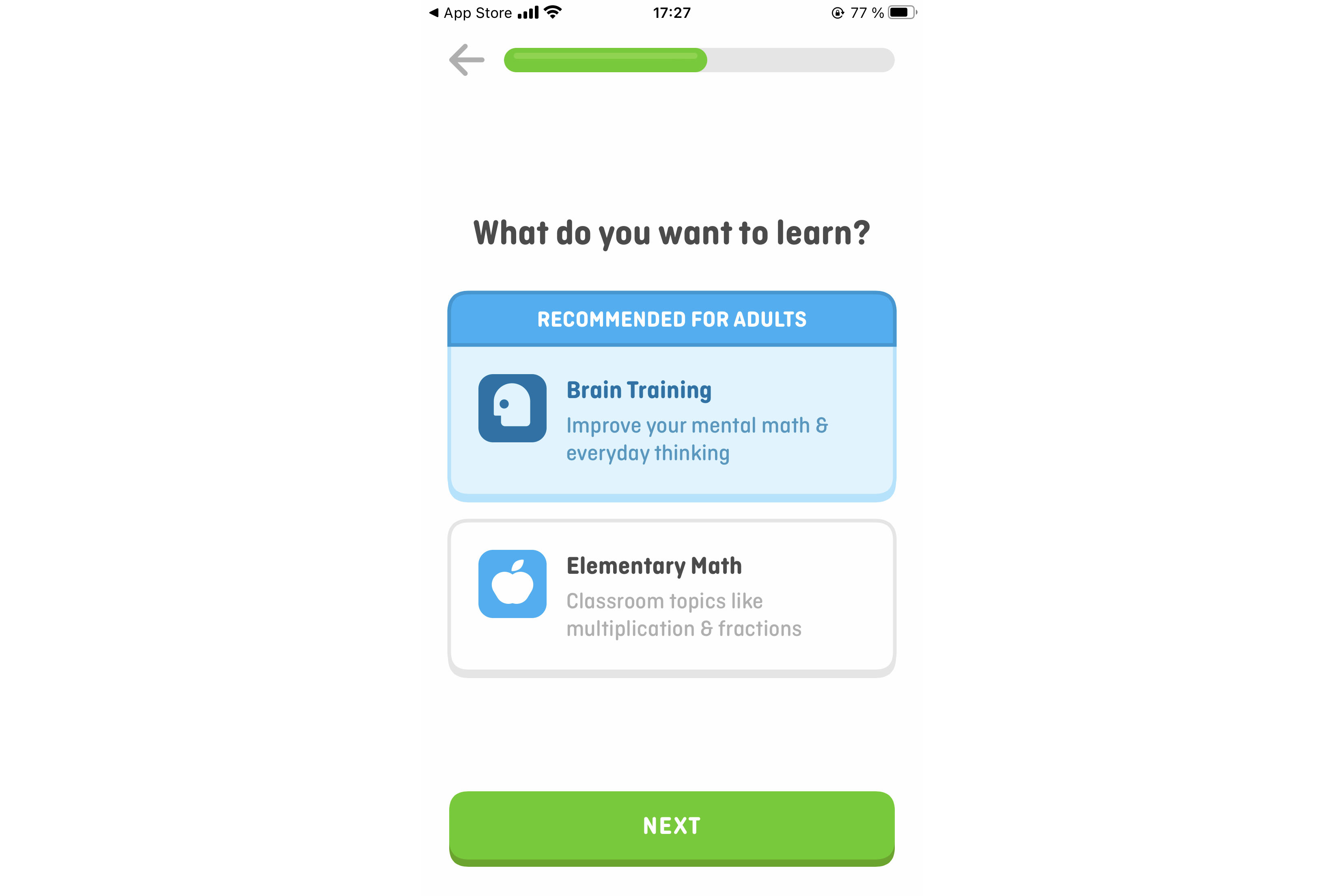 Screenshot von der App Duolingo Math mit zwei Optionen.
