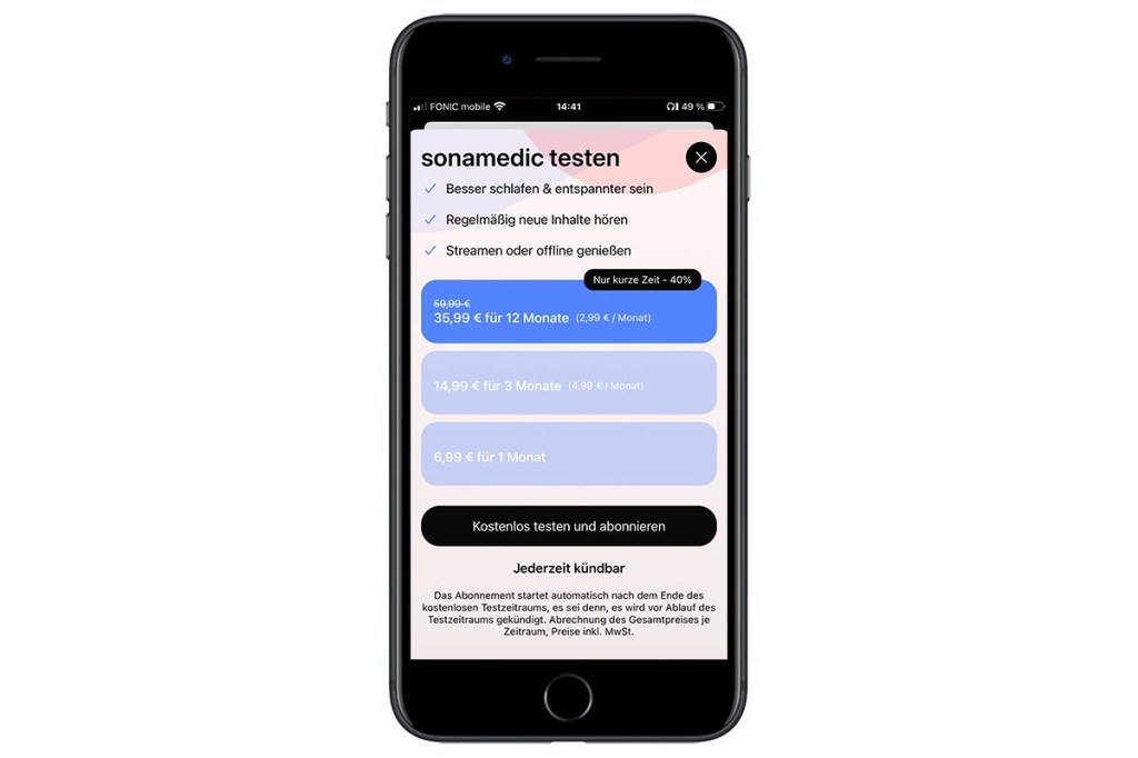 Screenshot von der App sonamedic, wie sie verwendet wird.