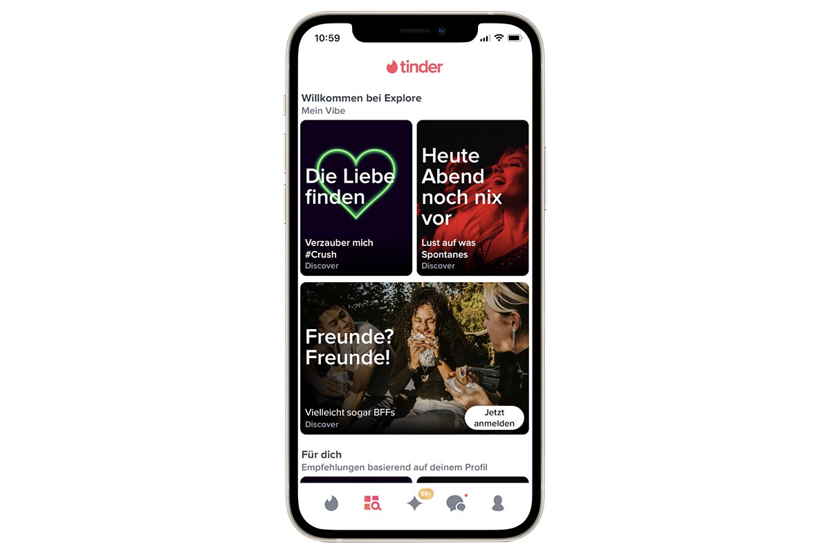 Ein Screenshot von Tinder Explore auf einem iPhone.