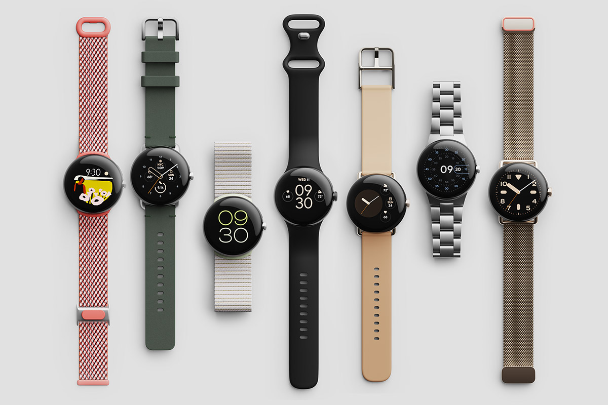 Verschiedene Modelle der Google Pixel Watch mit verschiedenen Armbändern.