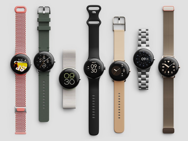 Verschiedene Modelle der Google Pixel Watch mit verschiedenen Armbändern.