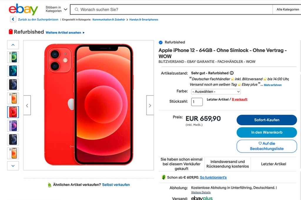 Ansicht einer Webseite aus dem ebay Re-Store mit einem Apple iPhone 12 für den Preisalarm.