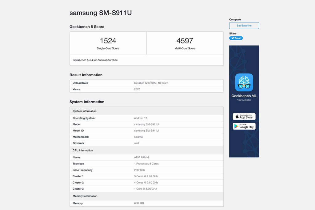 Übersichtsseite mit Tempo-Ergebnissen bei Geekbench 5-Browser-Messungen zum Samsung Galaxy S23.